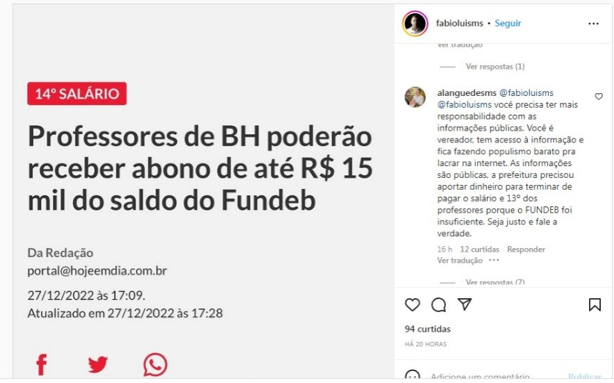 Postagem de Fábio Luis sobre rateio do Fundeb em BH e o comentário de Alan Guedes (Foto: Reprodução)